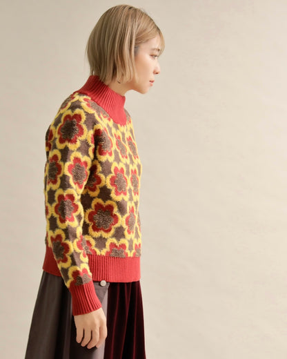 レトロフラワーハイネックニット
