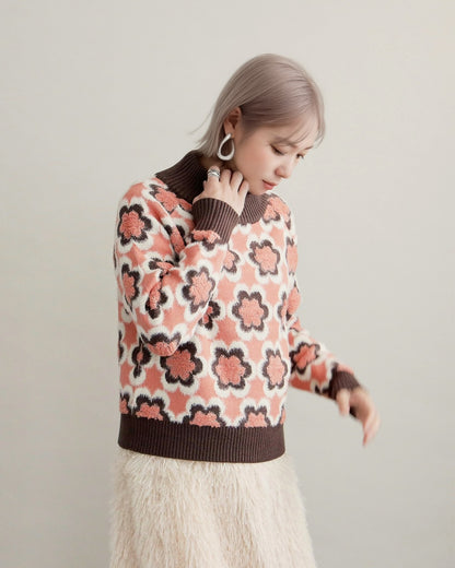 レトロフラワーハイネックニット