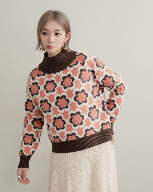 レトロフラワーハイネックニット