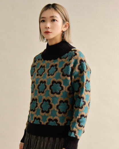 レトロフラワーハイネックニット
