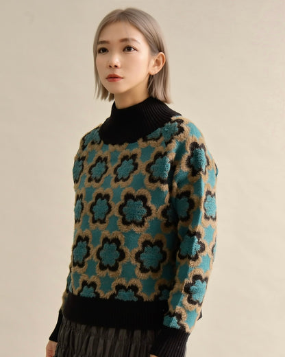 レトロフラワーハイネックニット