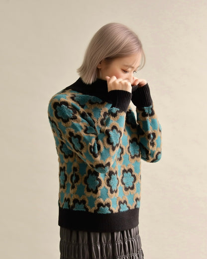 レトロフラワーハイネックニット