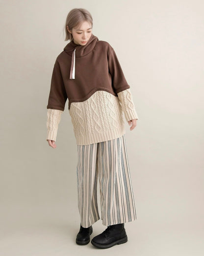 ケーブルニット切替フーディープルオーバー