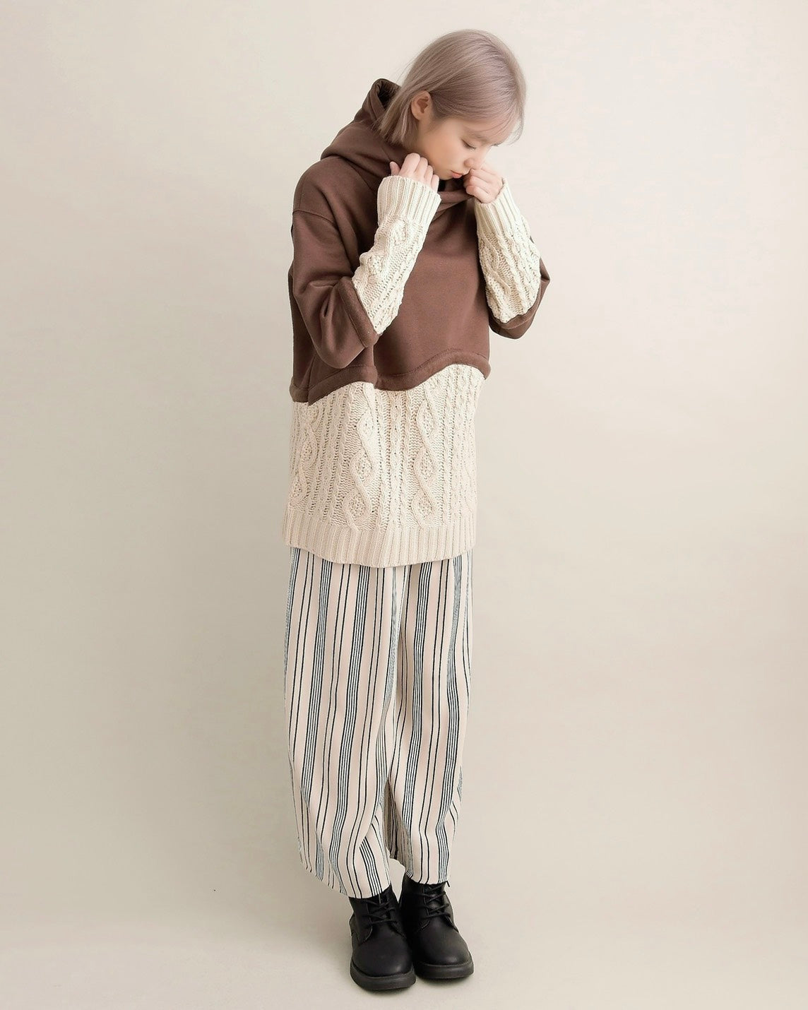 ケーブルニット切替フーディープルオーバー