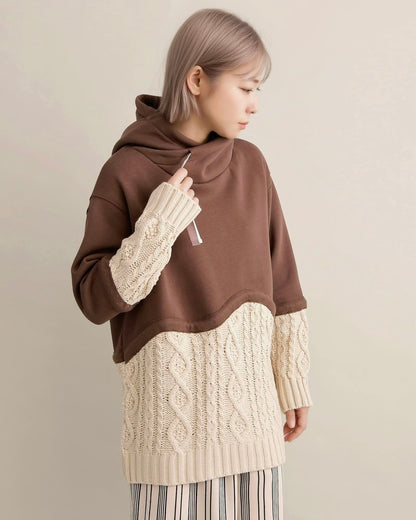 ケーブルニット切替フーディープルオーバー