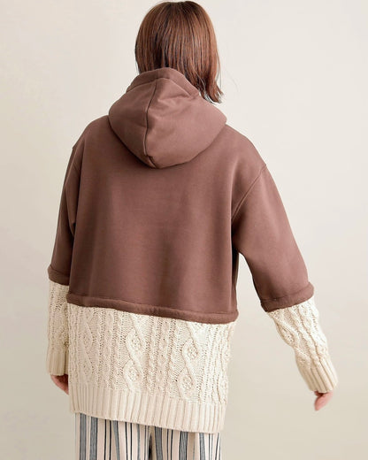 ケーブルニット切替フーディープルオーバー