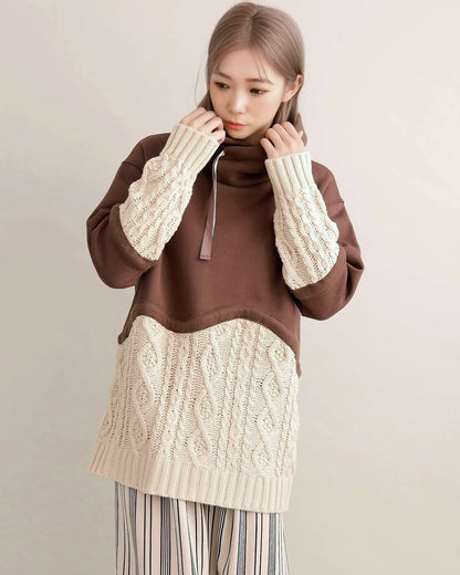 ケーブルニット切替フーディープルオーバー