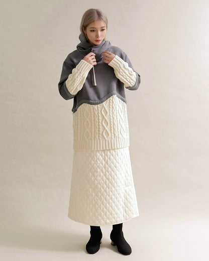 ケーブルニット切替フーディープルオーバー