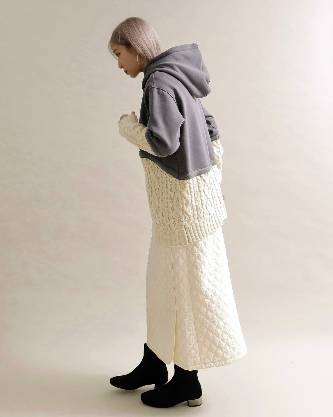 ケーブルニット切替フーディープルオーバー