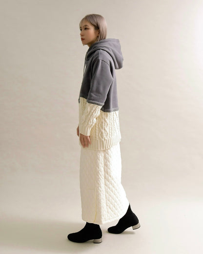 ケーブルニット切替フーディープルオーバー