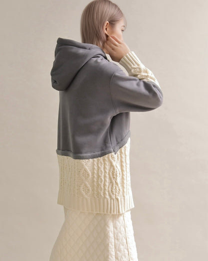 ケーブルニット切替フーディープルオーバー