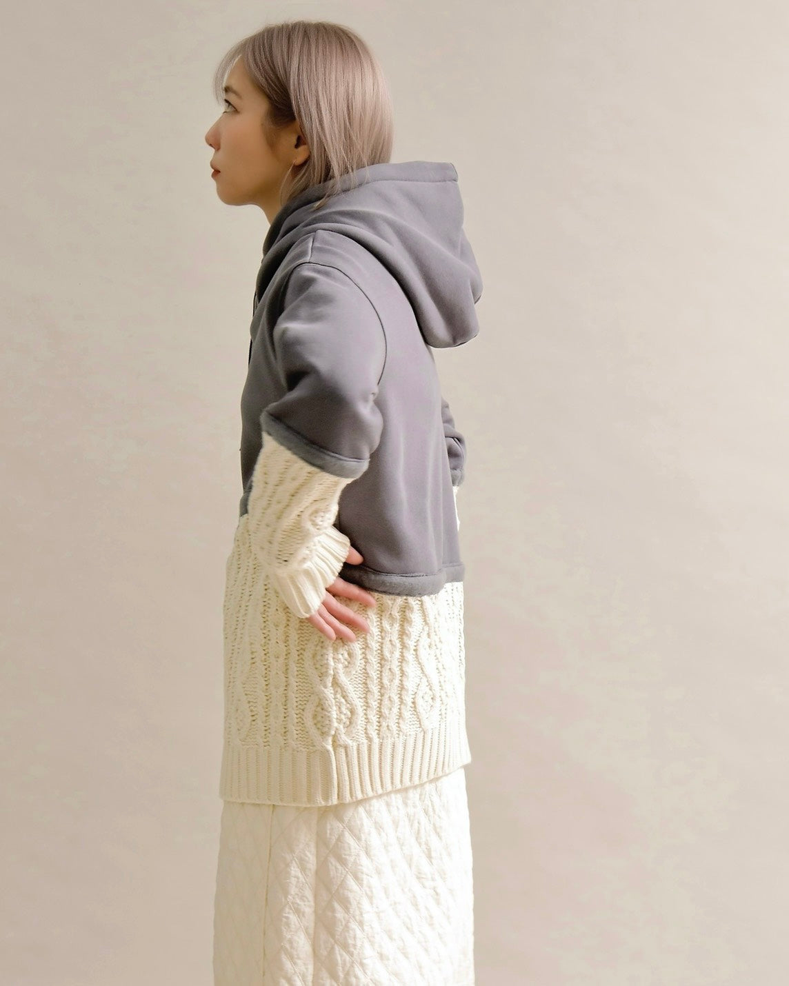 ケーブルニット切替フーディープルオーバー